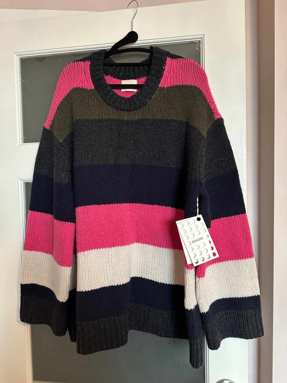 KHAITE Pink, Cream & Dark Multi-Stripe 100% Cashmere Crew Sweater - Picture 7 of 8